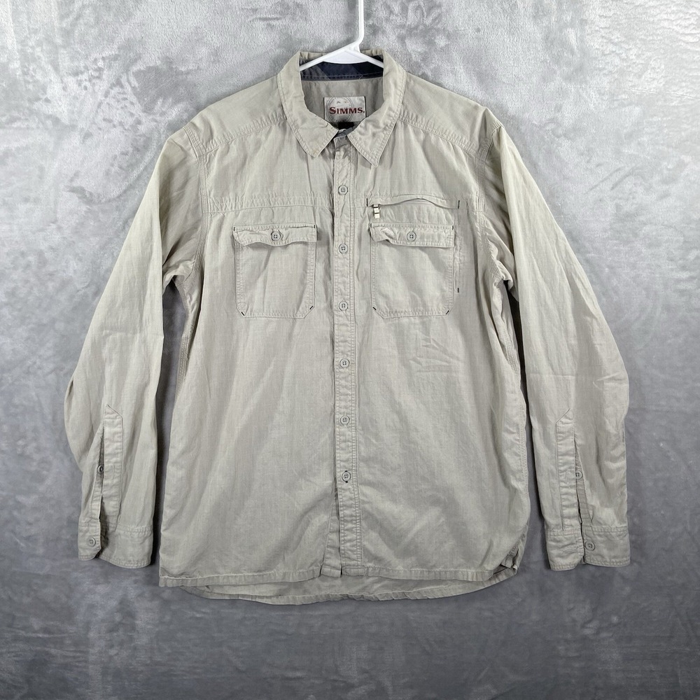 Simms Shirt men's Large Fishing Button Up Long Sleeve Outdoor Zip Chest Pocket